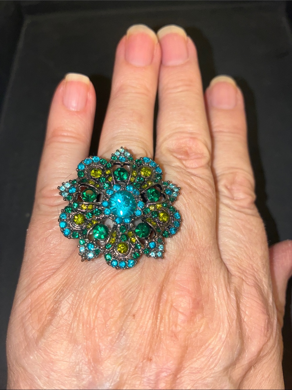 Floral Teal & Green Crystal Cocktail Stretch Ring